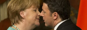 Italian Premier Matteo Renzi kisses German Chancellor Angela Merkel at the end of a joint press conference, in Rome, Thursday, May 5, 2016. (ANSA/AP Photo/Andrew Medichini) [CopyrightNotice: Copyright 2016 The Associated Press. All rights reserved. This material may not be published, broadcast, rewritten or redistribu]