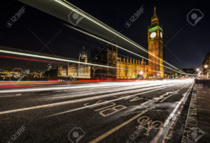 The light trails of a London bus