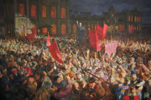 A gigantic painting of Lenin addressing the crowd upon his return to Russia during the Russian Revolution.  Note the disaffected bourgeoisie, military officers, and priests in the lower right.  The painting hangs in the Museum of Political History.