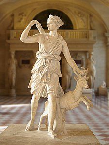 Artemis with a hind, better known as "Diana of Versailles". Marble, Roman artwork, Imperial Era (1st-2nd centuries CE). Found in Italy